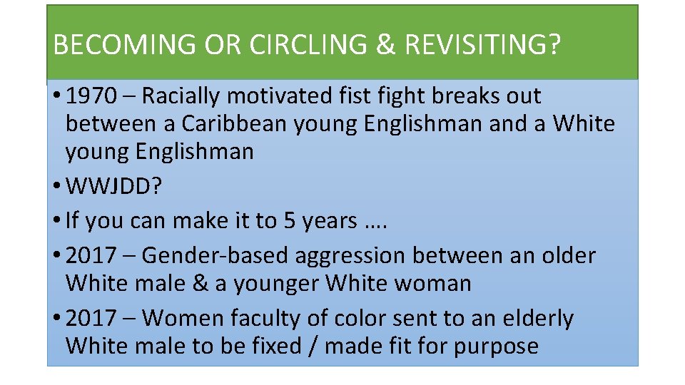 BECOMING OR CIRCLING & REVISITING? • 1970 – Racially motivated fist fight breaks out