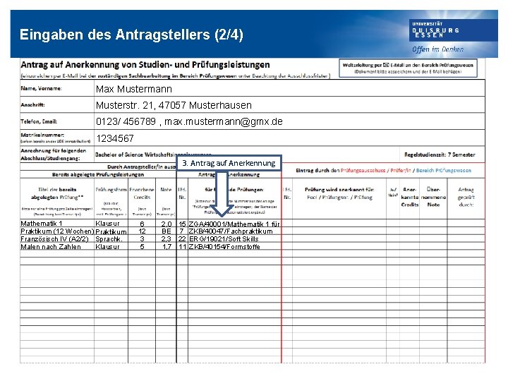 Eingaben des Antragstellers (2/4) Max Mustermann Musterstr. 21, 47057 Musterhausen 0123/ 456789 , max.