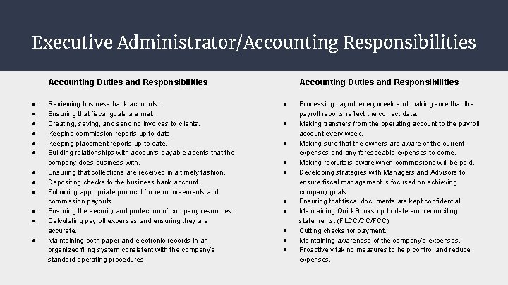 Executive Administrator/Accounting Responsibilities Accounting Duties and Responsibilities ● ● ● Reviewing business bank accounts.