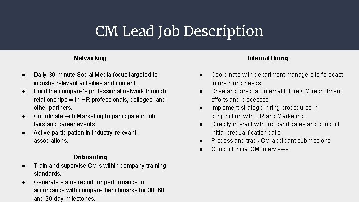 CM Lead Job Description Networking ● ● ● Daily 30 -minute Social Media focus