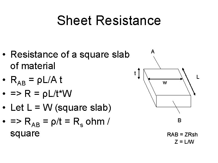 Sheet Resistance • Resistance of a square slab of material • RAB = ρL/A