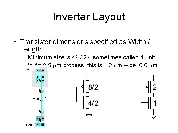 Inverter Layout • Transistor dimensions specified as Width / Length – Minimum size is