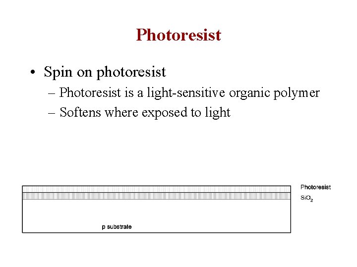 Photoresist • Spin on photoresist – Photoresist is a light-sensitive organic polymer – Softens