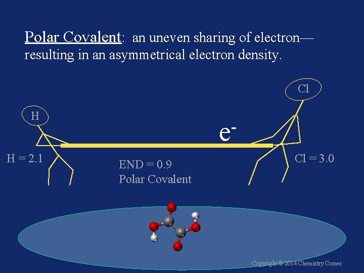 Polar Covalent: an uneven sharing of electron— resulting in an asymmetrical electron density. Cl