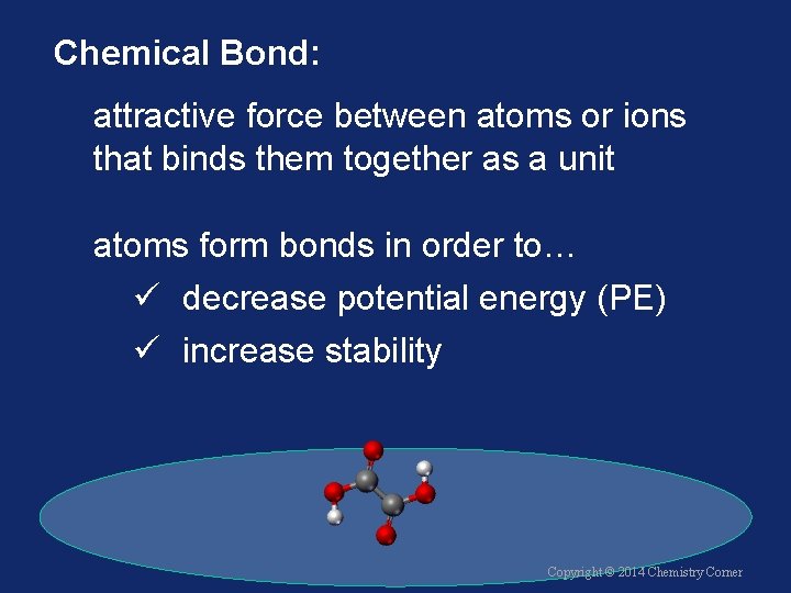 Chemical Bond: attractive force between atoms or ions that binds them together as a