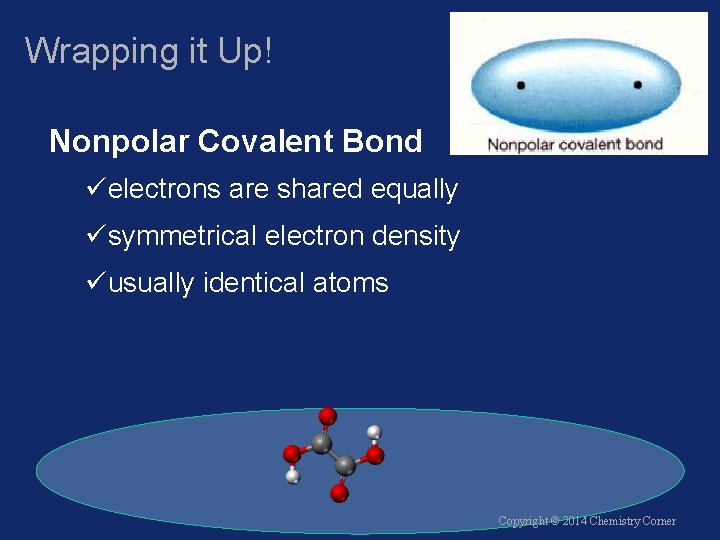 Wrapping it Up! Nonpolar Covalent Bond üelectrons are shared equally üsymmetrical electron density üusually