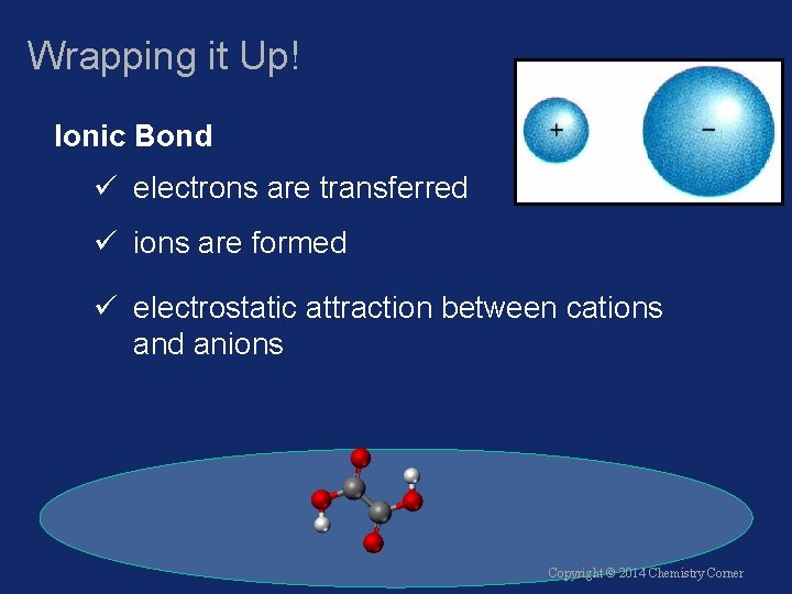 Wrapping it Up! Ionic Bond ü electrons are transferred ü ions are formed ü