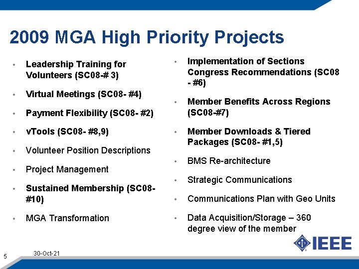 2009 MGA High Priority Projects • Leadership Training for Volunteers (SC 08 -# 3)