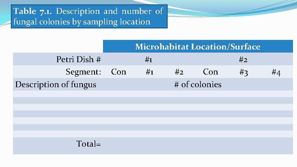 Table 7. 1. Description and number of fungal colonies by sampling location Petri Dish