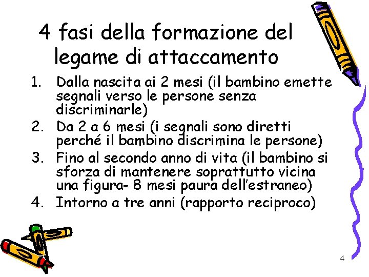 4 fasi della formazione del legame di attaccamento 1. Dalla nascita ai 2 mesi