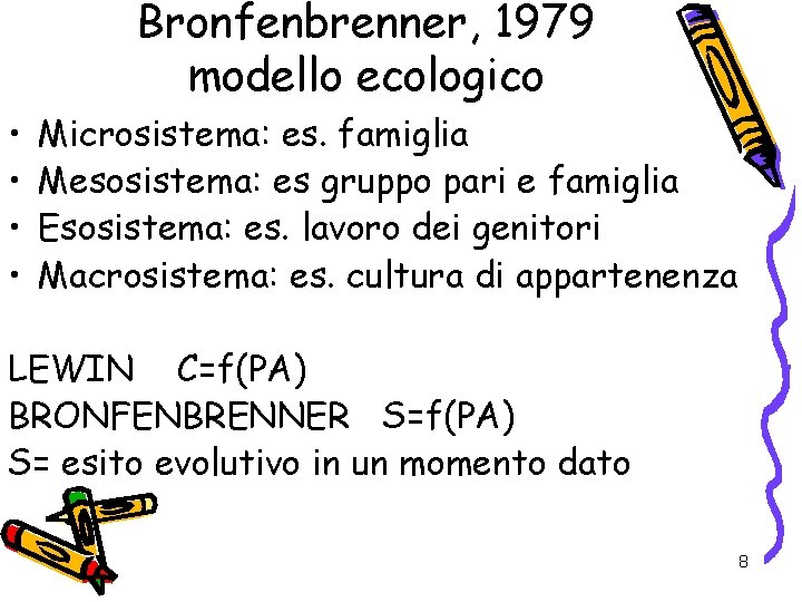 Bronfenbrenner, 1979 modello ecologico • • Microsistema: es. famiglia Mesosistema: es gruppo pari e