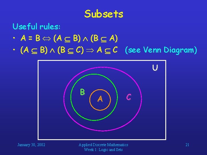 Subsets Useful rules: • A = B (A B) (B A) • (A B) Subsets Useful rules: • A = B (A B) (B A) • (A B)
