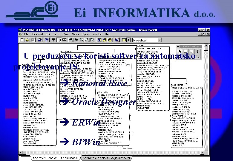 U preduzeću se koristi softver za automatsko projektovanje IS: è Rational Rose è Oracle