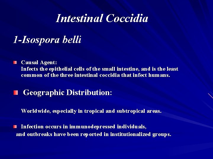 Intestinal Coccidia 1 -Isospora belli Causal Agent: Infects the epithelial cells of the small
