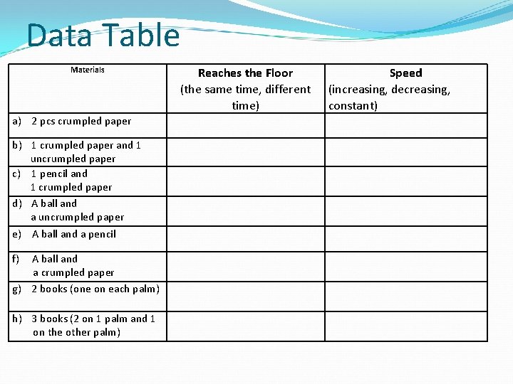 Data Table Materials a) 2 pcs crumpled paper b) 1 crumpled paper and 1