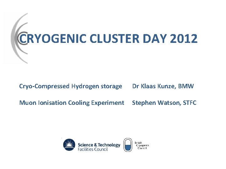 CRYOGENIC CLUSTER DAY 2012 Cryo-Compressed Hydrogen storage Dr Klaas Kunze, BMW Muon Ionisation Cooling