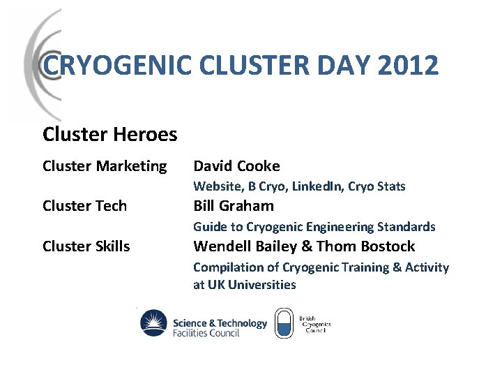 CRYOGENIC CLUSTER DAY 2012 Cluster Heroes Cluster Marketing David Cooke Website, B Cryo, Linked.