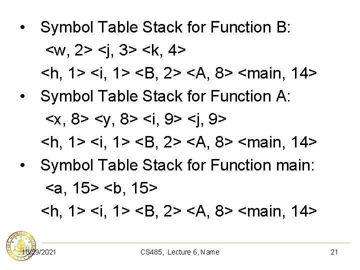  • Symbol Table Stack for Function B: <w, 2> <j, 3> <k, 4>