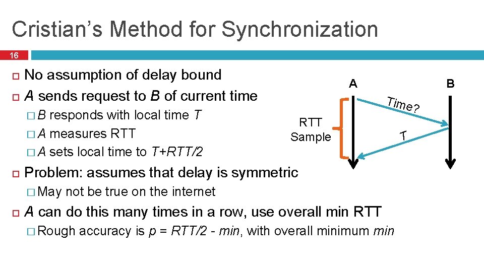 Cristian’s Method for Synchronization 16 No assumption of delay bound A sends request to