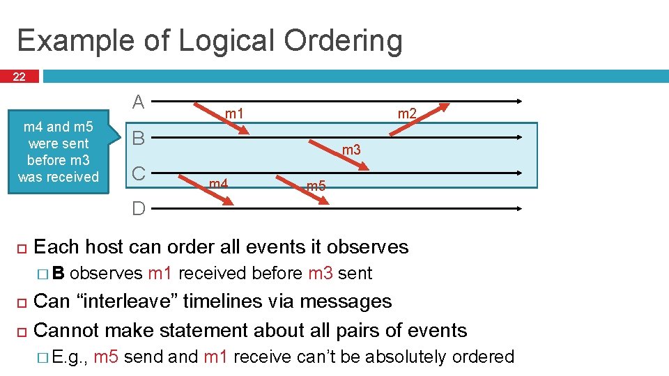 Example of Logical Ordering 22 A m 4 and m 5 were sent before