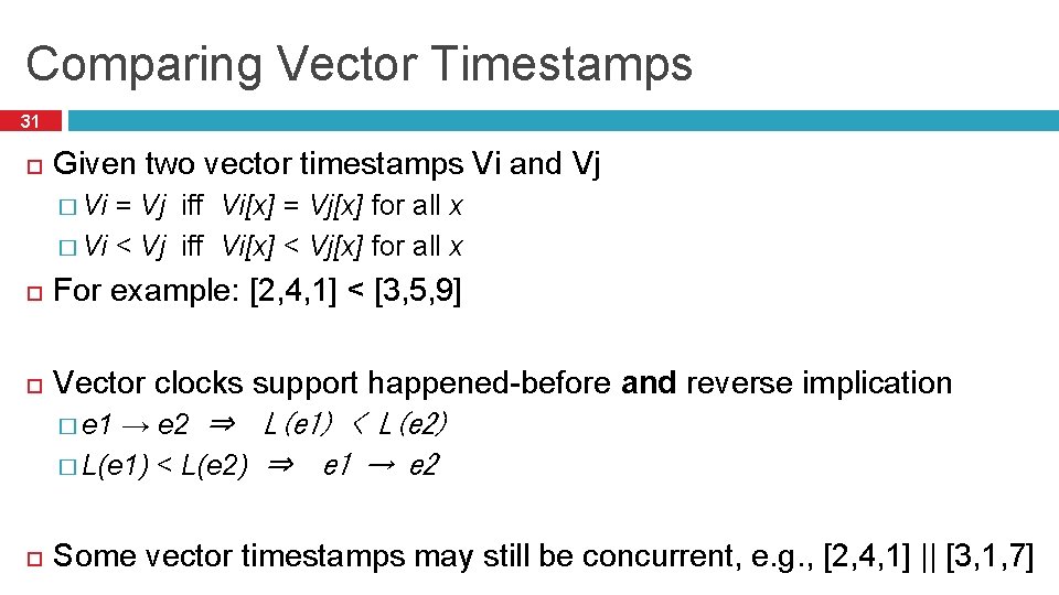 Comparing Vector Timestamps 31 Given two vector timestamps Vi and Vj � Vi =