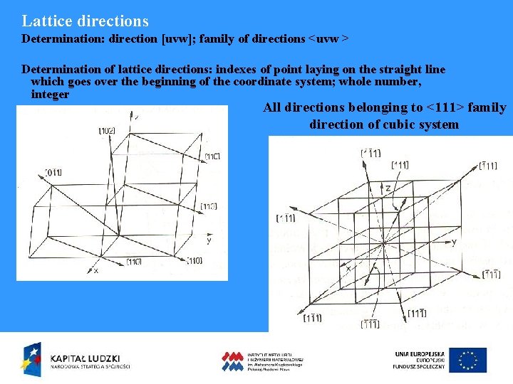 Lattice directions Determination: direction [uvw]; family of directions <uvw > Determination of lattice directions: