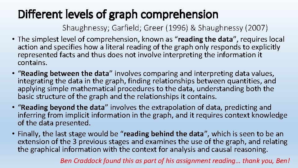 Different levels of graph comprehension Shaughnessy; Garfield; Greer (1996) & Shaughnessy (2007) • The