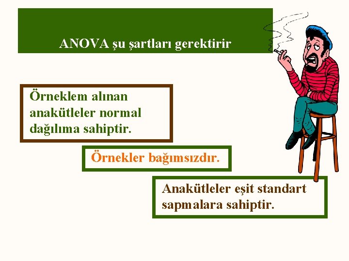 ANOVA şu şartları gerektirir Örneklem alınan anakütleler normal dağılıma sahiptir. Örnekler bağımsızdır. Anakütleler eşit