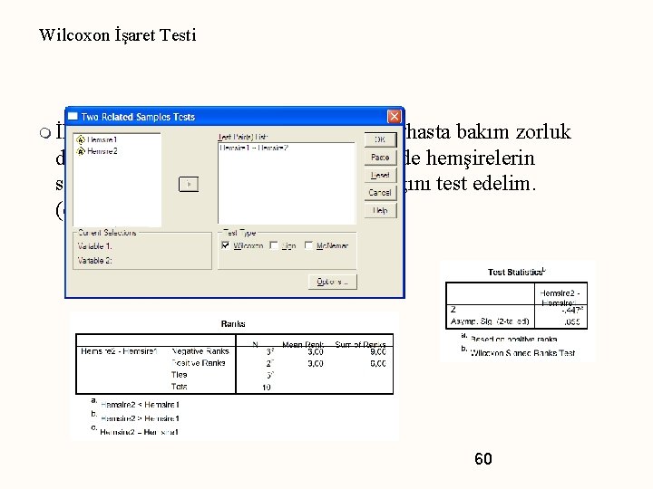 Wilcoxon İşaret Testi m İki hemşireden 10 ameliyat hastasının, “hasta bakım zorluk düzeyine” göre