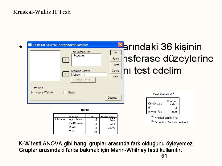 Kruskal-Wallis H Testi • Hasta ve kontrol gruplarındaki 36 kişinin farklı choline acetyltransferase düzeylerine