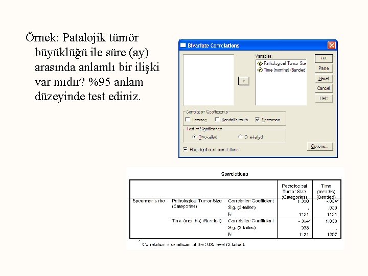 Örnek: Patalojik tümör büyüklüğü ile süre (ay) arasında anlamlı bir ilişki var mıdır? %95