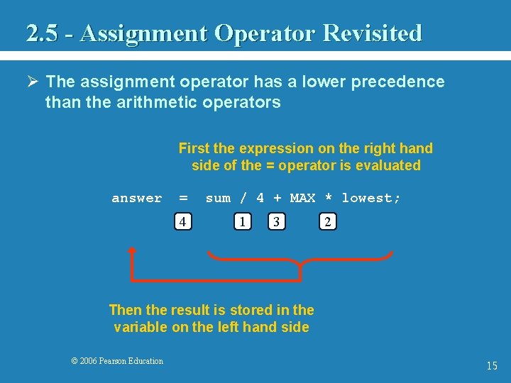 2. 5 - Assignment Operator Revisited Ø The assignment operator has a lower precedence