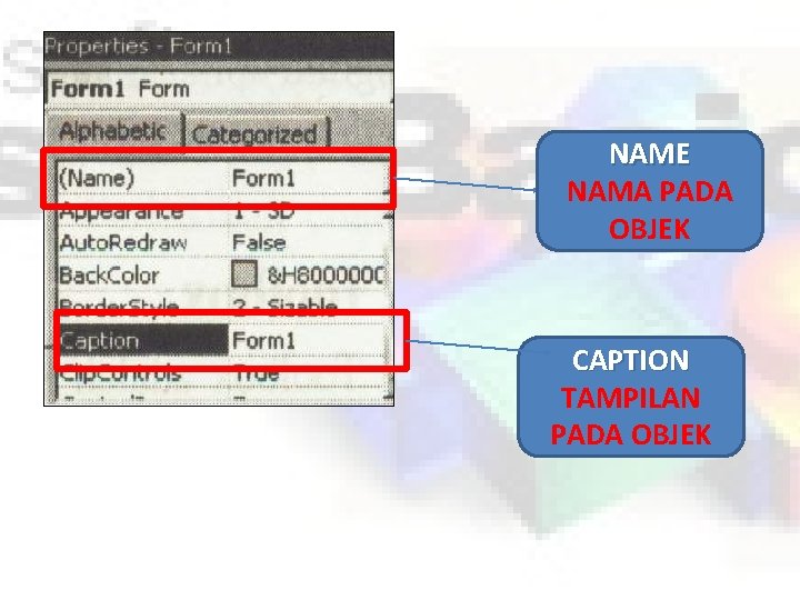 NAME NAMA PADA OBJEK CAPTION TAMPILAN PADA OBJEK 