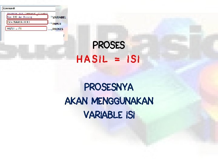 PROSES HASIL = ISI PROSESNYA AKAN MENGGUNAKAN VARIABLE ISI 