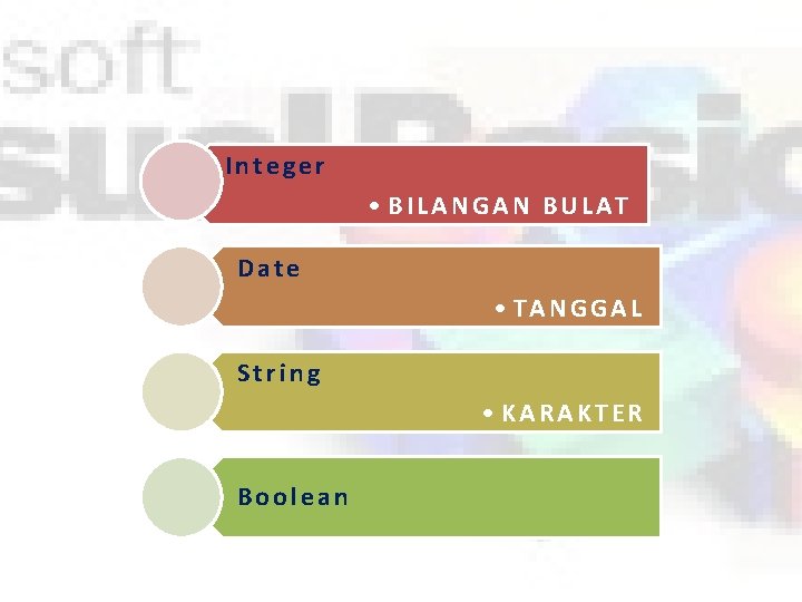 Integer • BILANGAN BULAT Date • TANGGAL String • KARAKTER Boolean 