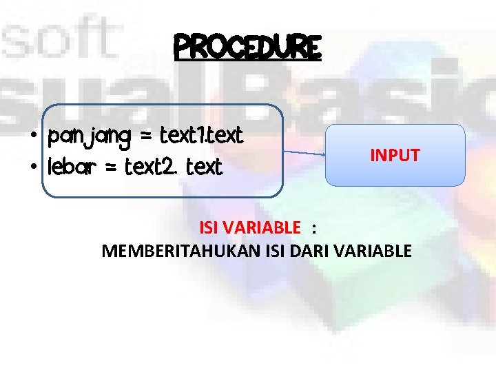 PROCEDURE • panjang = text 1. text • lebar = text 2. text INPUT