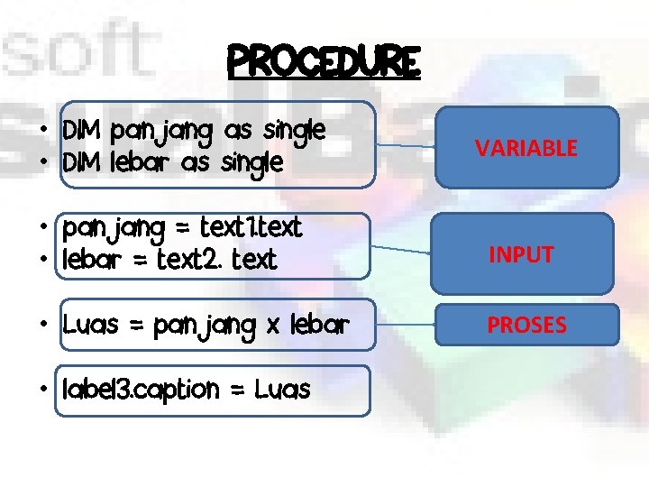 PROCEDURE • DIM panjang as single • DIM lebar as single VARIABLE • panjang