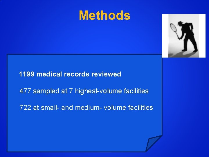 Methods 1199 medical records reviewed 477 sampled at 7 highest-volume facilities 722 at small-