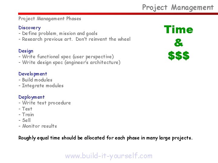 Project Management Phases Discovery - Define problem, mission and goals - Research previous art.