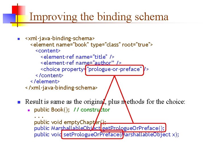 Improving the binding schema n n <xml-java-binding-schema> <element name="book" type="class" root="true"> <content> <element-ref name="title" Improving the binding schema n n <xml-java-binding-schema> <element name="book" type="class" root="true"> <content> <element-ref name="title"