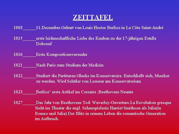 ZEITTAFEL 1803______11. Dezember. Geburt von Louis Hector Berlioz in La Côte Saint-André 1815______erste leidenschaftliche