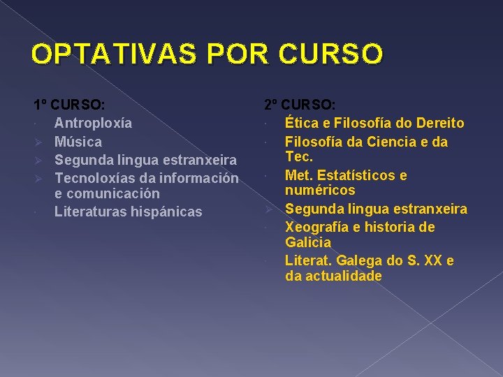 OPTATIVAS POR CURSO 1º CURSO: Antroploxía Ø Música Ø Segunda lingua estranxeira Ø Tecnoloxías