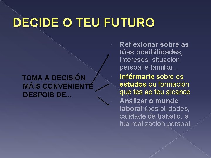 DECIDE O TEU FUTURO TOMA A DECISIÓN MÁIS CONVENIENTE DESPOIS DE. . . Reflexionar