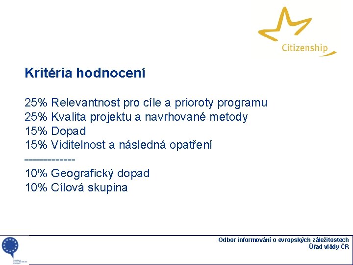 Kritéria hodnocení 25% Relevantnost pro cíle a prioroty programu 25% Kvalita projektu a navrhované