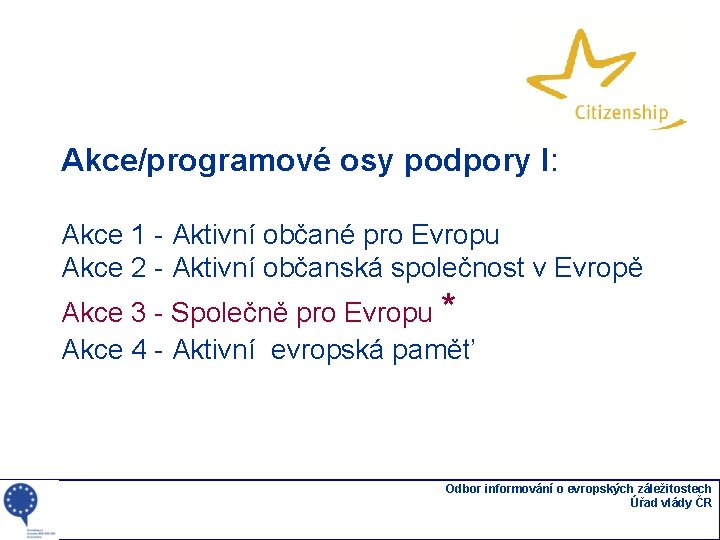 Akce/programové osy podpory I: Akce 1 - Aktivní občané pro Evropu Akce 2 -