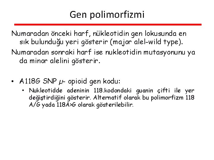 Gen polimorfizmi Numaradan önceki harf, nükleotidin gen lokusunda en sık bulunduğu yeri gösterir (major