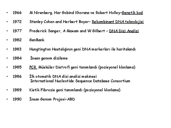  • 1966 M Nirenberg, Har Gobind Khorana ve Robert Holley-Genetik kod • 1972