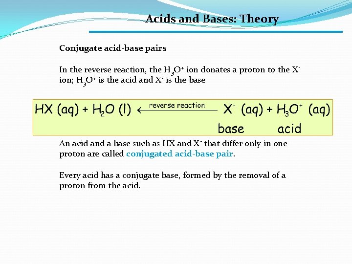 Acids and Bases: Theory Conjugate acid-base pairs In the reverse reaction, the H 3