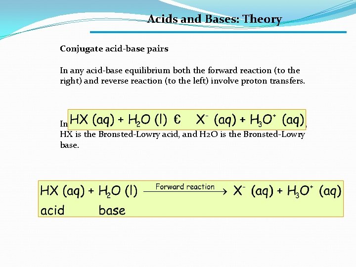 Acids and Bases: Theory Conjugate acid-base pairs In any acid-base equilibrium both the forward