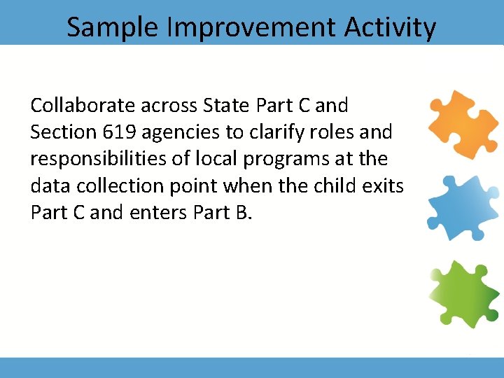 Sample Improvement Activity Collaborate across State Part C and Section 619 agencies to clarify